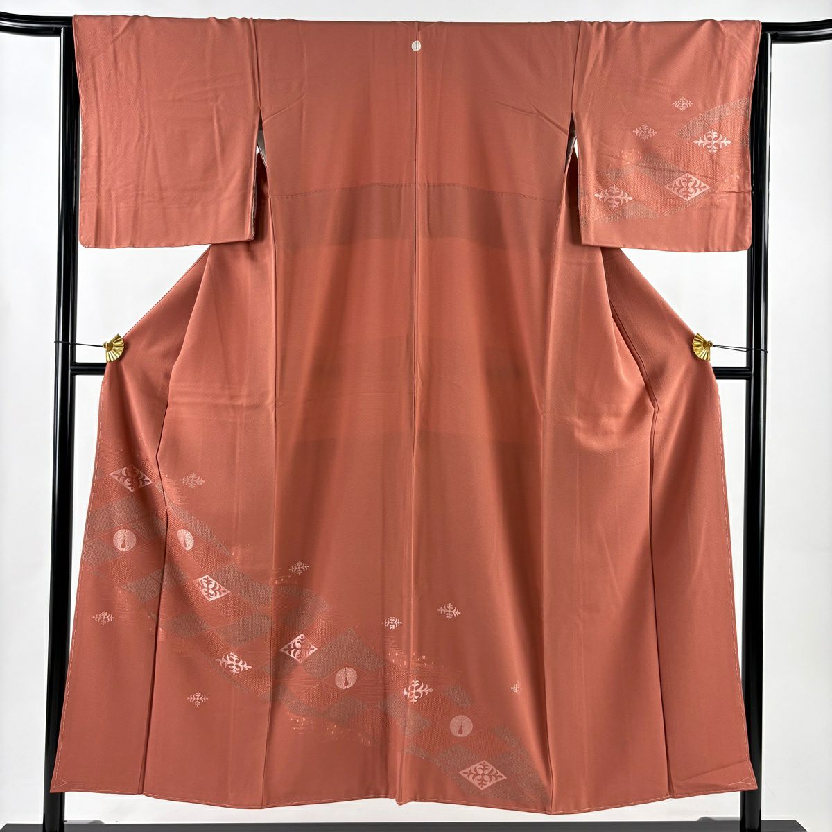 付下 身長150.5cm 袖長65cm M 雙層 菱格子 霞 刺繡 銀線 濃粉紅 純蠶絲 秀品級 一個紋