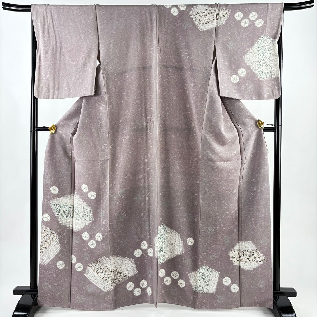 訪問服 身長165.5cm 袖長67.5cm L 雙層 花唐草紋 笹蔓 灰紫 純蠶絲 秀品級