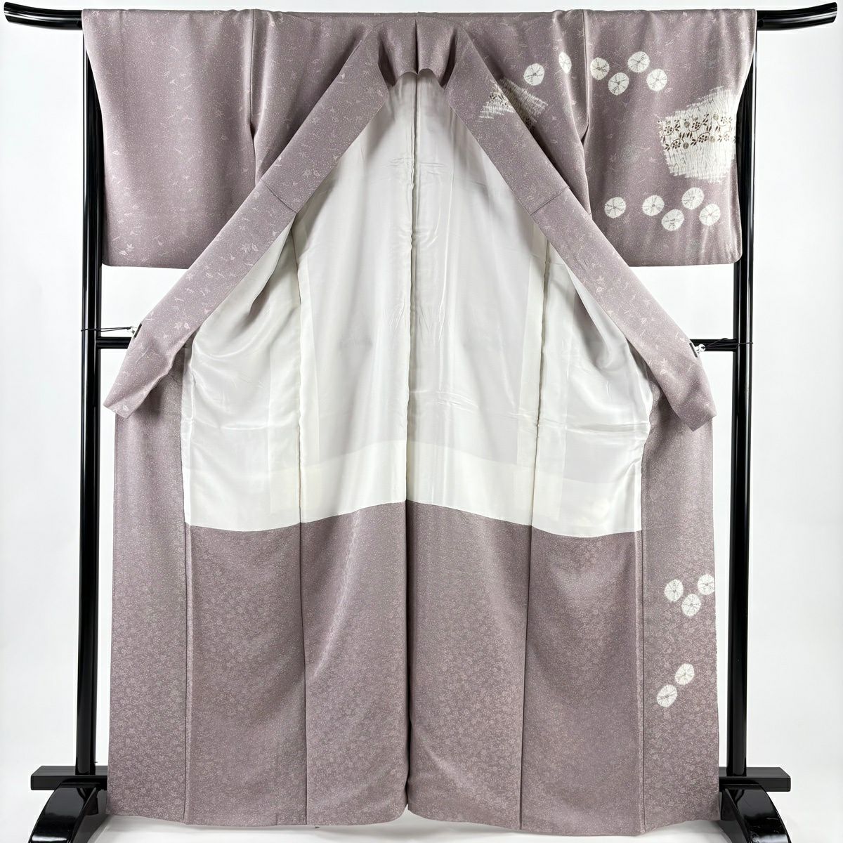 訪問服 身長165.5cm 袖長67.5cm L 雙層 花唐草紋 笹蔓 灰紫 純蠶絲 秀品級