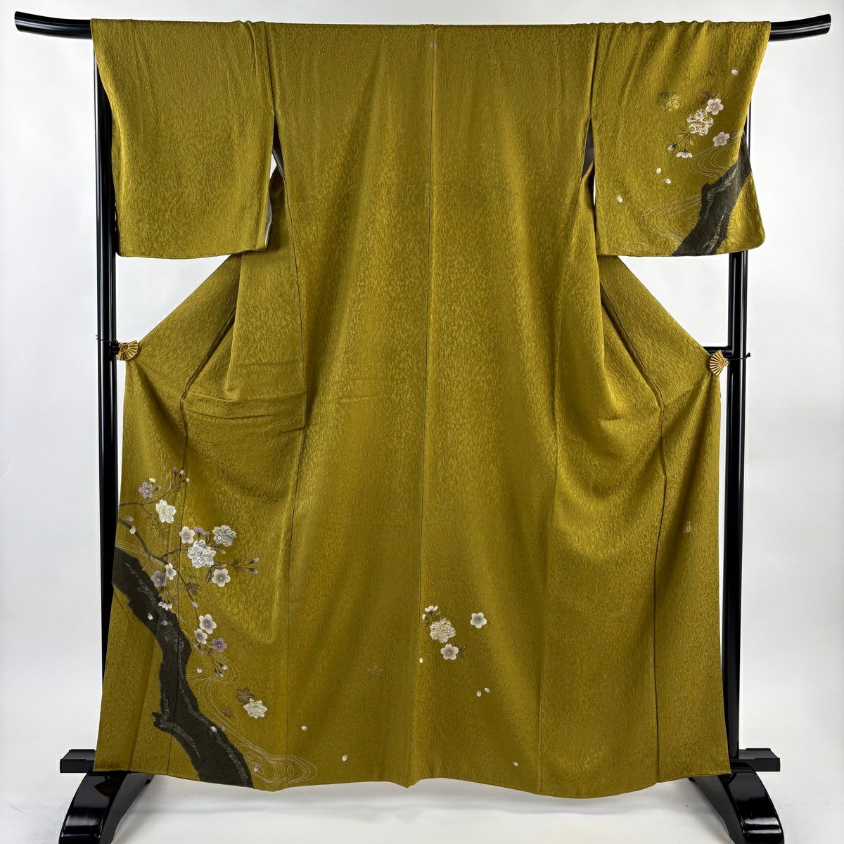 付下 身長162.5cm 袖長69.5cm L 雙層 落款 櫻花 宝尽くし 刺繡 金銀彩 山吹茶 純蠶絲 名品級 一つ紋