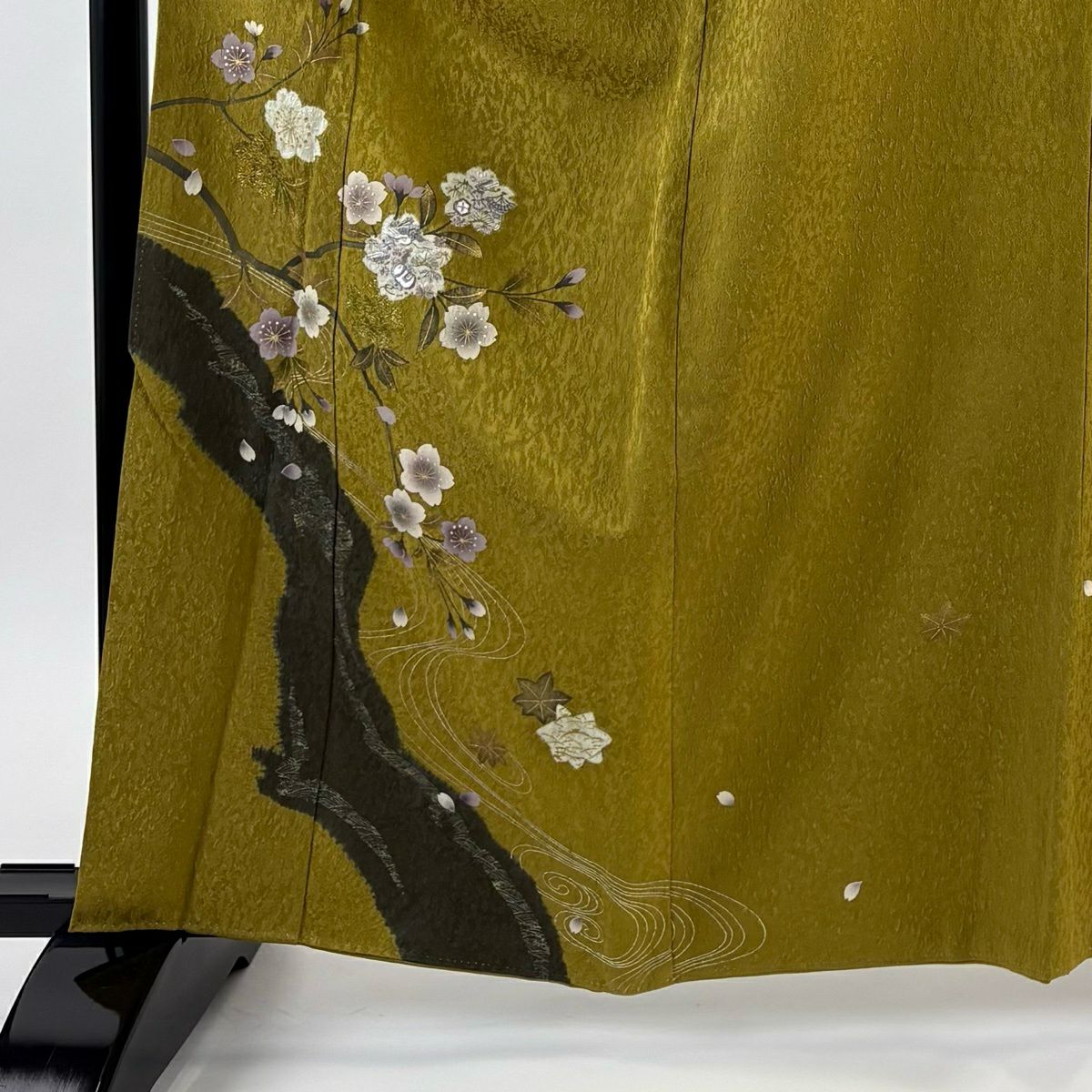 付下 身長162.5cm 袖長69.5cm L 雙層 落款 櫻花 宝尽くし 刺繡 金銀彩 山吹茶 純蠶絲 名品級 一つ紋