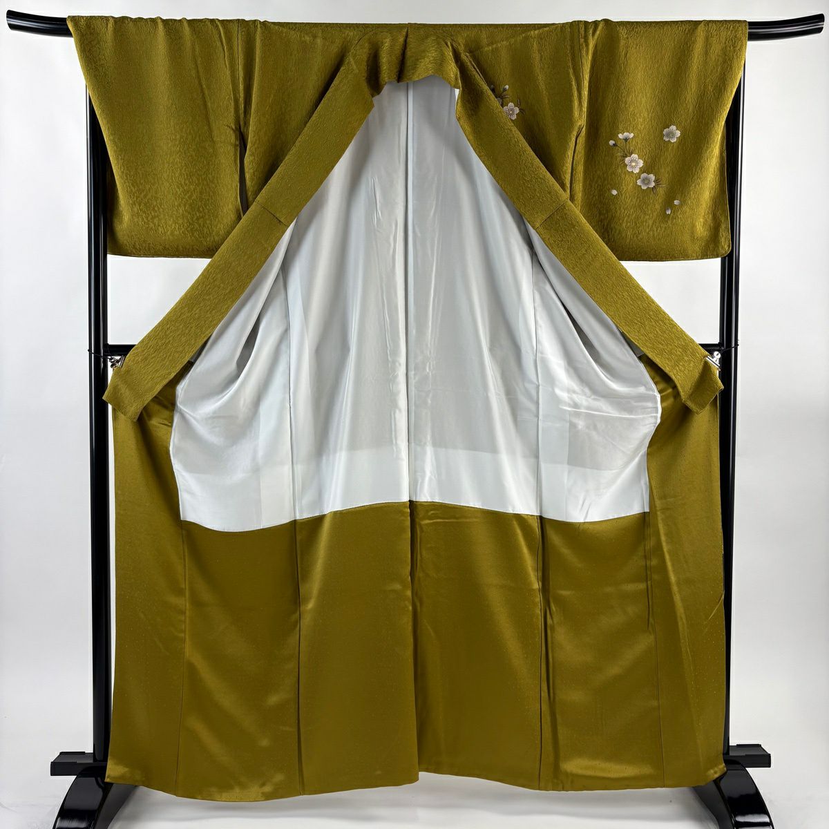 付下 身長162.5cm 袖長69.5cm L 雙層 落款 櫻花 宝尽くし 刺繡 金銀彩 山吹茶 純蠶絲 名品級 一つ紋