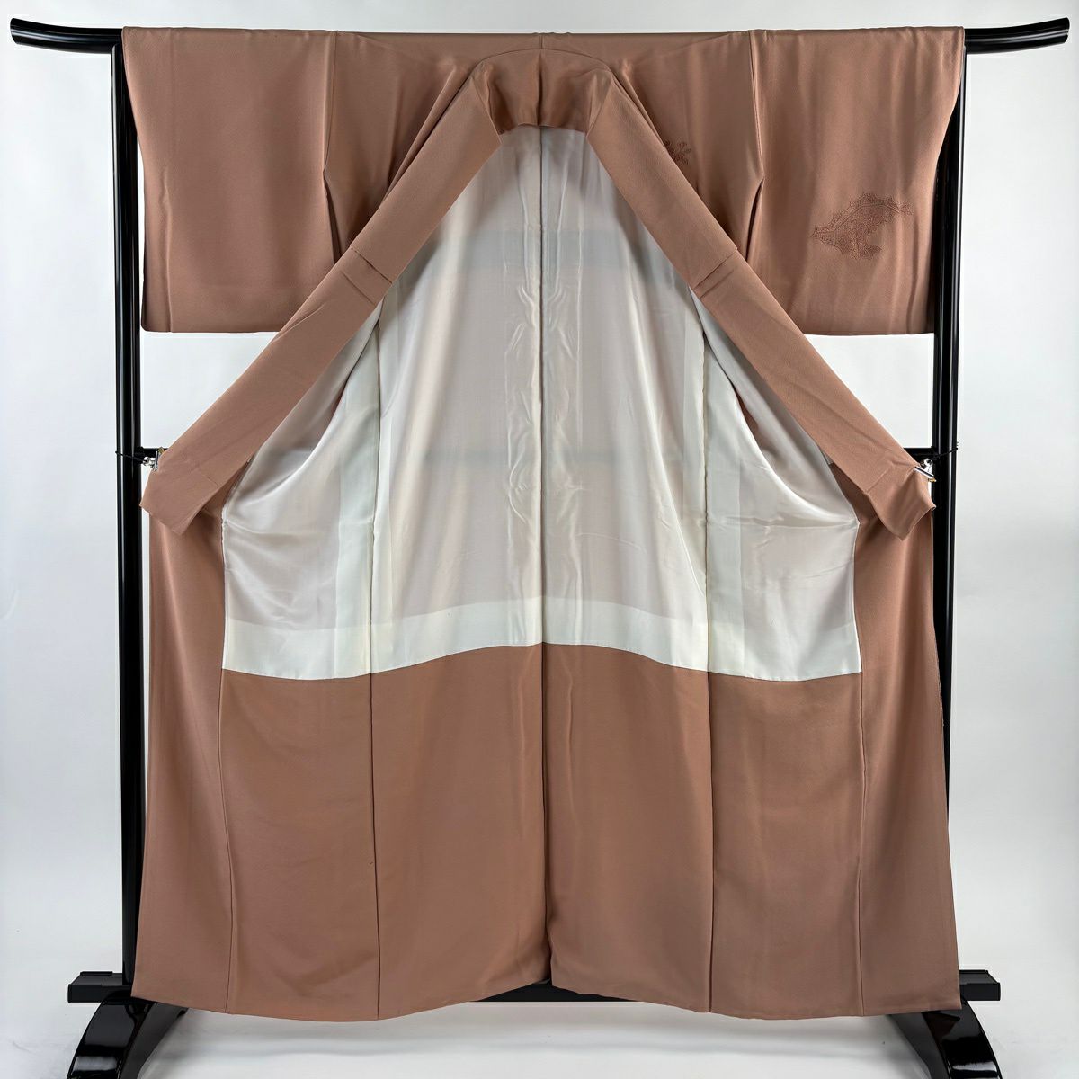 付下 身長161cm 袖長65.5cm M 雙層 逆雲取 蜀江華紋 刺繡 粉米色 純蠶絲 名品級 一個紋