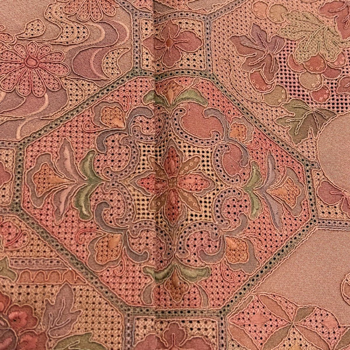 付下 身長161cm 袖長65.5cm M 雙層 逆雲取 蜀江華紋 刺繡 粉米色 純蠶絲 名品級 一個紋