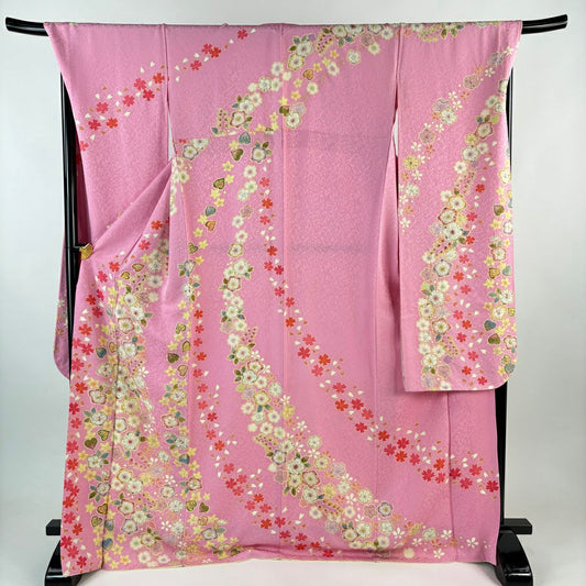 【美品】振袖禮服 身長173.5cm 袖長70.5cm L 雙層 徳永憲峯 落款あり 辻花染 紅葉 金銀彩 粉紅 純蠶絲 名品級
