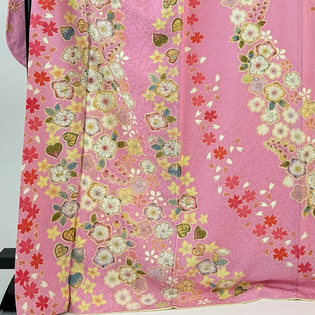 【美品】振袖禮服 身長173.5cm 袖長70.5cm L 雙層 徳永憲峯 落款あり 辻花染 紅葉 金銀彩 粉紅 純蠶絲 名品級
