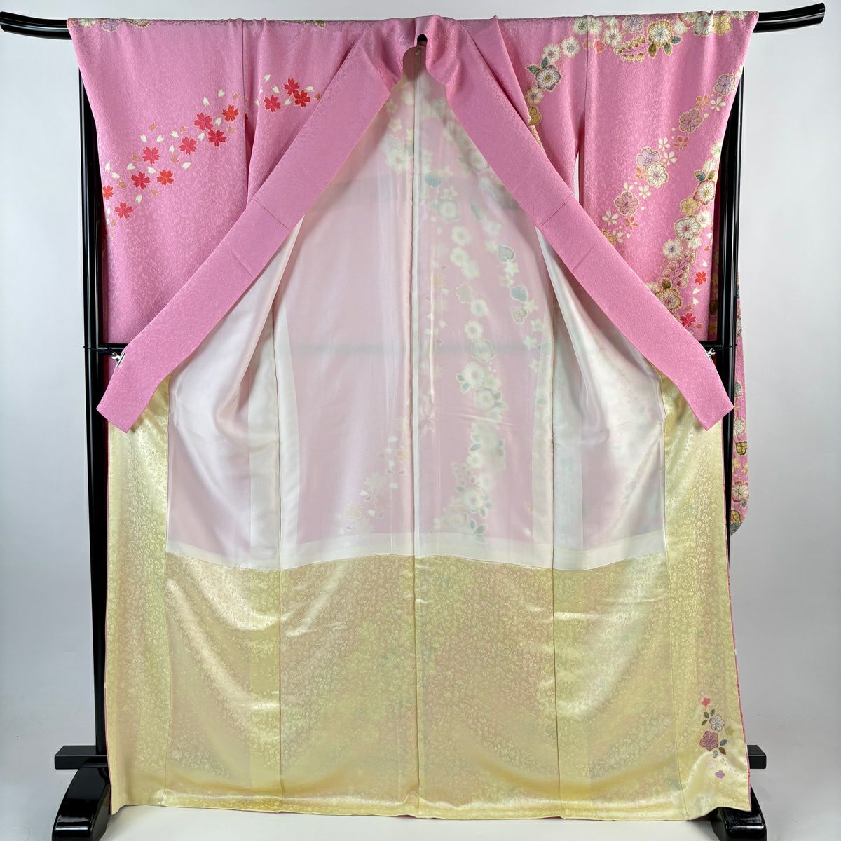 【美品】振袖禮服 身長173.5cm 袖長70.5cm L 雙層 徳永憲峯 落款あり 辻花染 紅葉 金銀彩 粉紅 純蠶絲 名品級