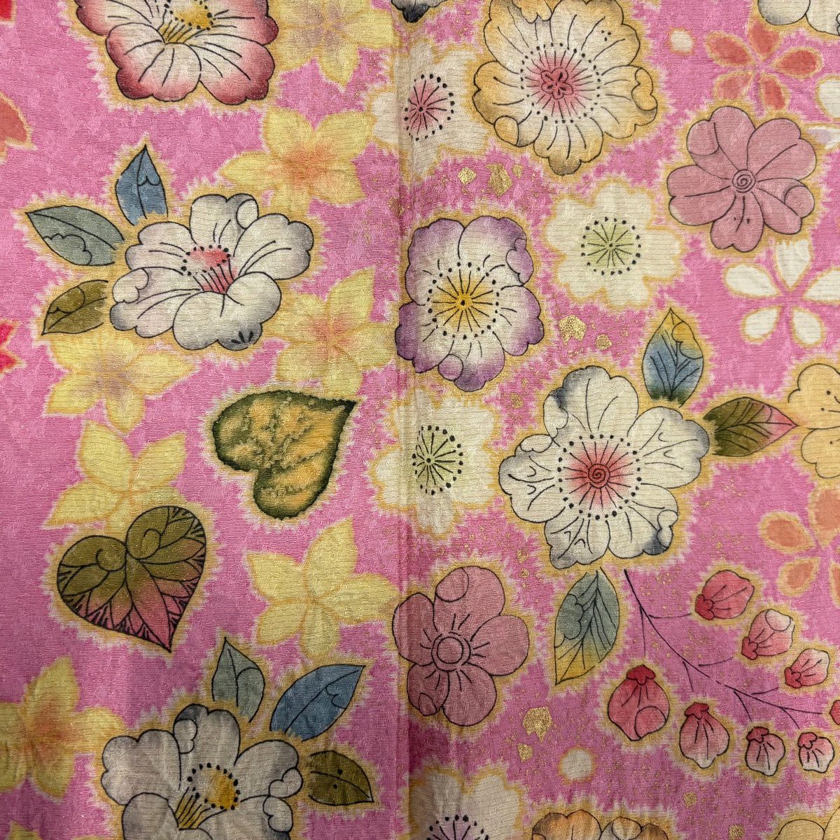 【美品】振袖禮服 身長173.5cm 袖長70.5cm L 雙層 徳永憲峯 落款あり 辻花染 紅葉 金銀彩 粉紅 純蠶絲 名品級