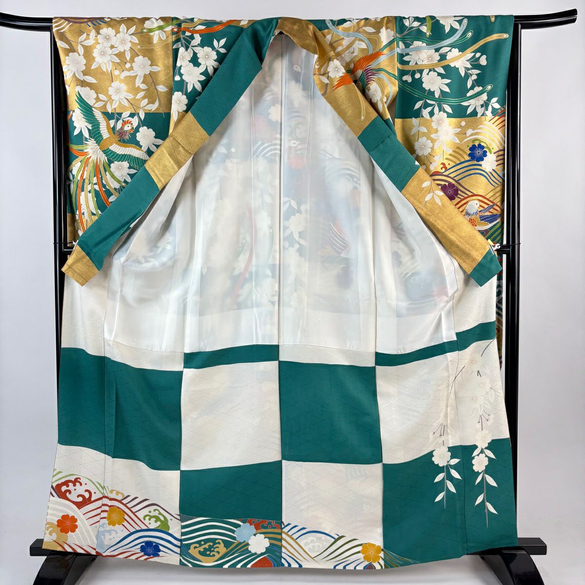 振袖禮服 身長163cm 袖長66.5cm M 雙層 鴛鴦 波 金絲 金銀彩 青綠 純蠶絲 名品級
