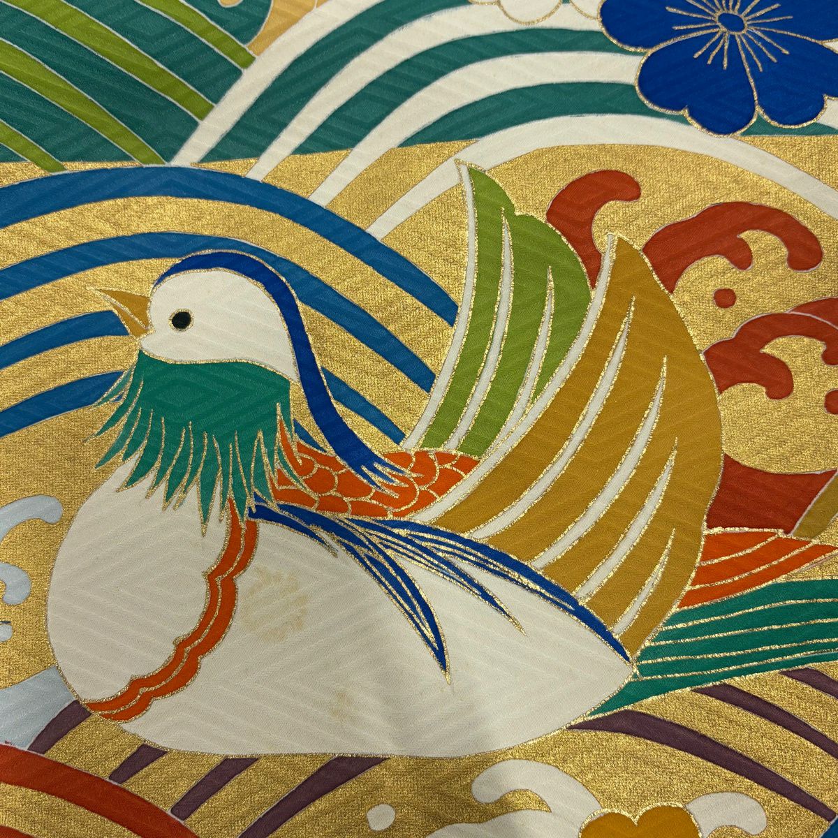 振袖禮服 身長163cm 袖長66.5cm M 雙層 鴛鴦 波 金絲 金銀彩 青綠 純蠶絲 名品級