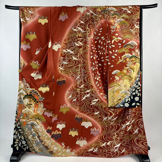振袖禮服 身長167cm 袖長68cm L 雙層 笠松樹 鴛鴦 金絲 金銀彩 紅茶 純蠶絲 名品級