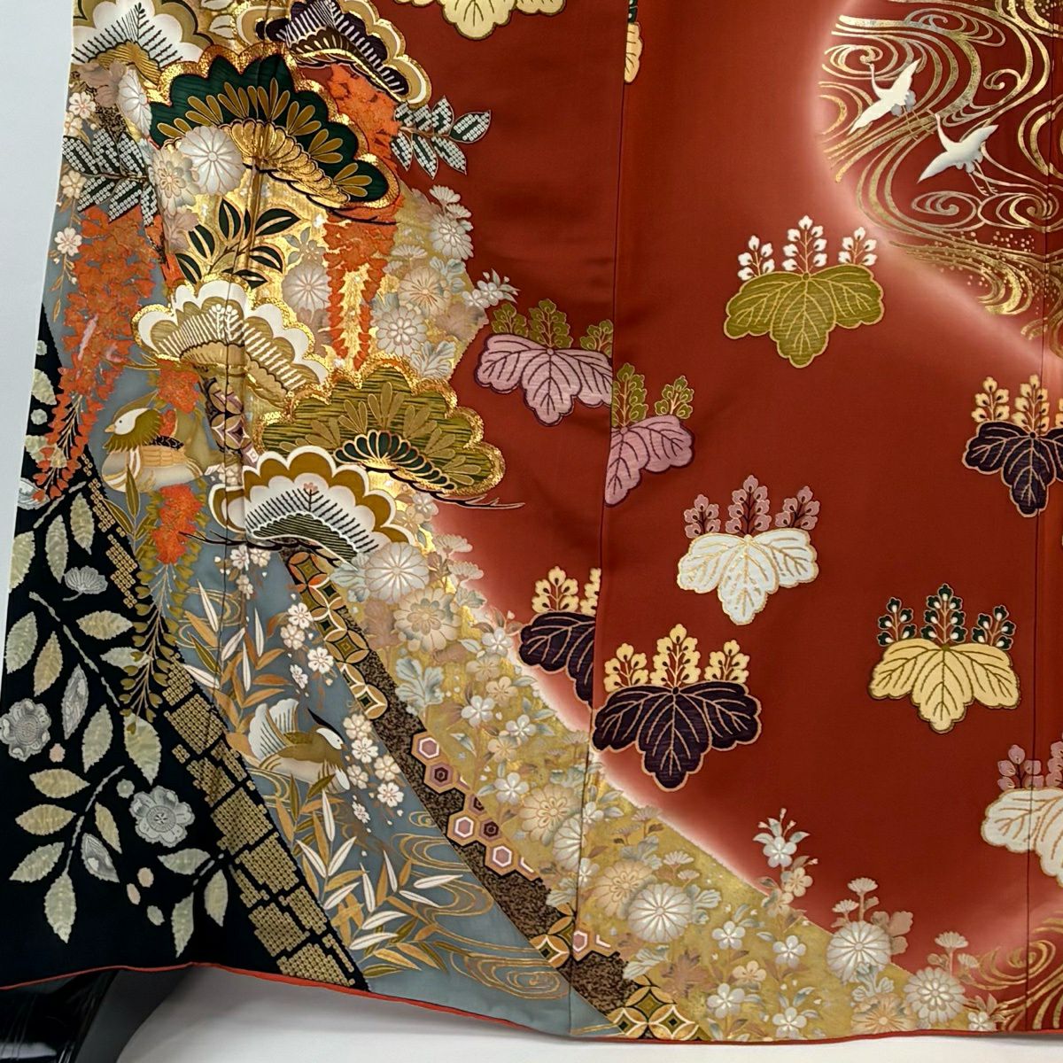 振袖禮服 身長167cm 袖長68cm L 雙層 笠松樹 鴛鴦 金絲 金銀彩 紅茶 純蠶絲 名品級