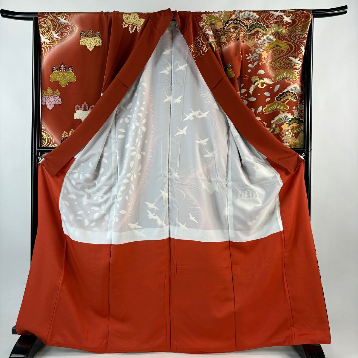 振袖禮服 身長167cm 袖長68cm L 雙層 笠松樹 鴛鴦 金絲 金銀彩 紅茶 純蠶絲 名品級