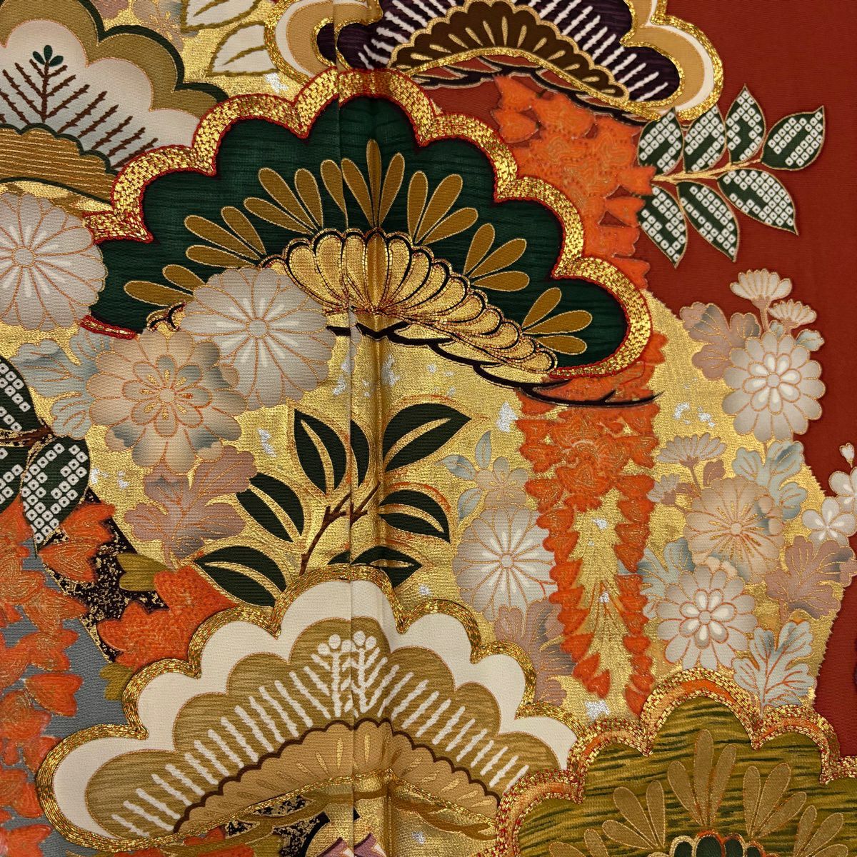振袖禮服 身長167cm 袖長68cm L 雙層 笠松樹 鴛鴦 金絲 金銀彩 紅茶 純蠶絲 名品級