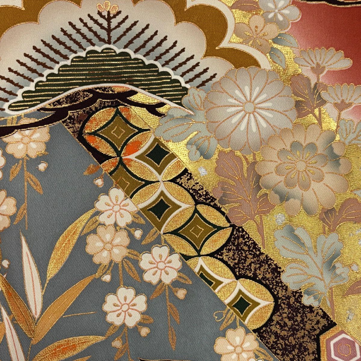 振袖禮服 身長167cm 袖長68cm L 雙層 笠松樹 鴛鴦 金絲 金銀彩 紅茶 純蠶絲 名品級