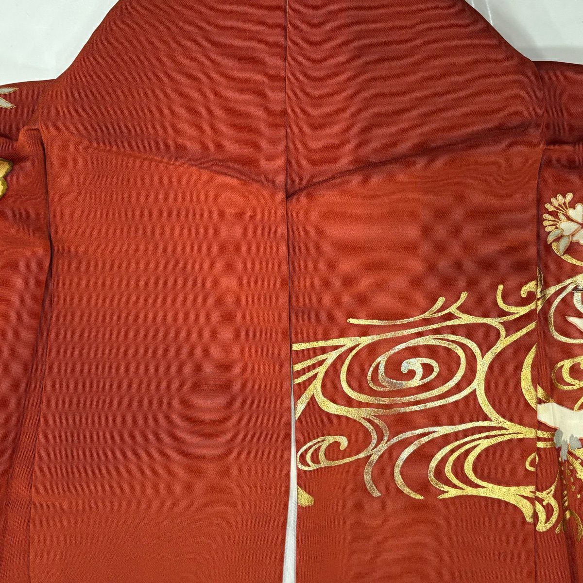 振袖禮服 身長167cm 袖長68cm L 雙層 笠松樹 鴛鴦 金絲 金銀彩 紅茶 純蠶絲 名品級
