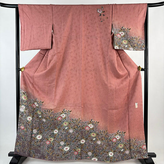 訪問服 身長164cm 袖長65cm M 雙層 落款あり 辻花染 流水 金彩裝飾 漸層 粉色 純蠶絲 名品級