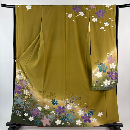 振袖禮服 身長160.5cm 袖長65cm M 雙層 鈴乃屋 櫻花 寶盡くし 金銀彩 漸層 鶯色 純蠶絲 名品級