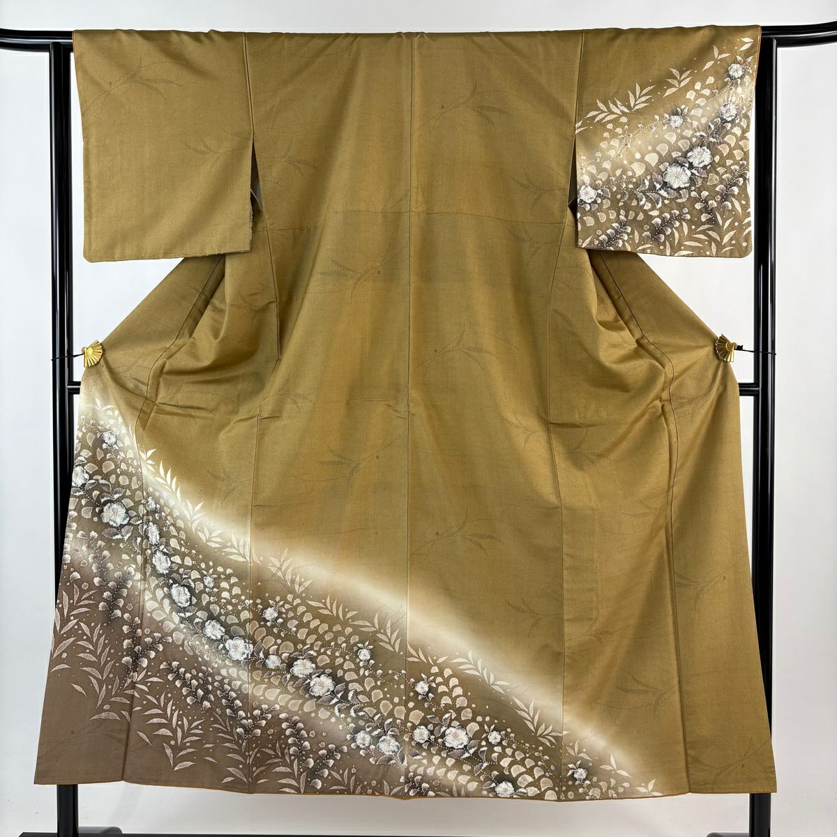 付下 身長151.5cm 袖長63cm S 雙層 紬織織 辻花染 葉紋 漸層 茶 純蠶絲 名品級