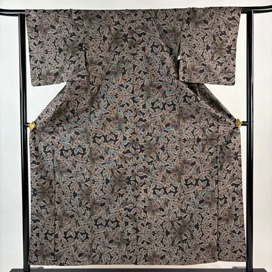 紬織 身長156cm 袖長62cm S 雙層 草花紋 茶 純蠶絲 名品級