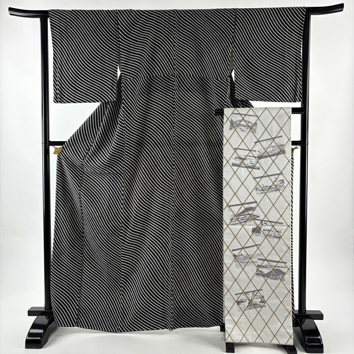 【美品】 小紋 身長167cm 袖長64.5cm M 雙層 袋帶套裝 斜條 絞染 黑 純蠶絲 優品級