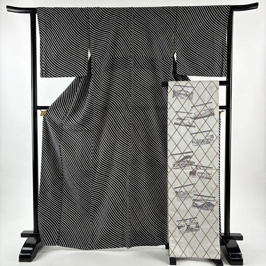 【美品】 小紋 身長167cm 袖長64.5cm M 雙層 袋帶套裝 斜條 絞染 黑 純蠶絲 優品級