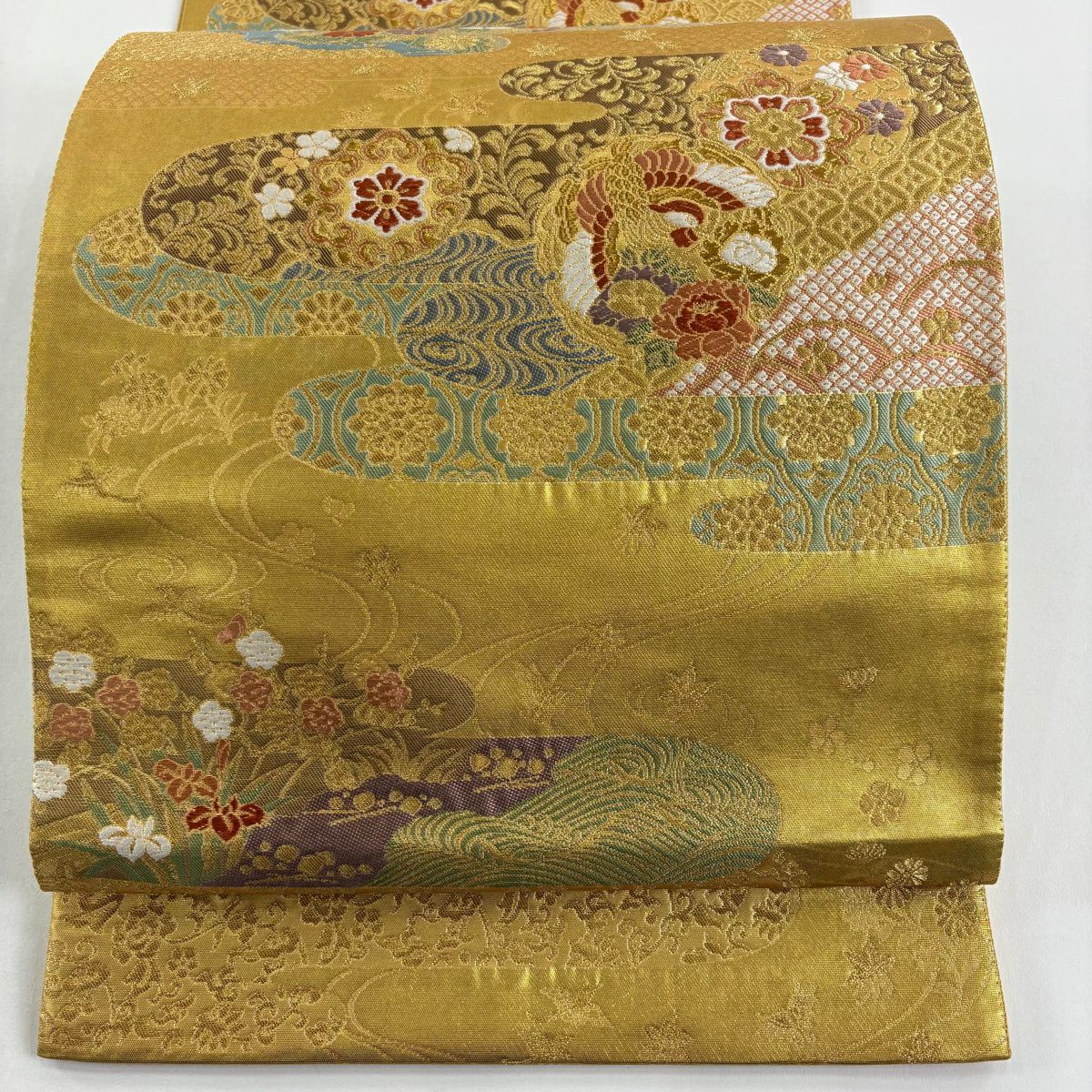 【美品】 袋帶 秀品級 有落款 流水霞錦紋 流水霞錦紋 花鳥 金絲 刺繡 金色 六通 純蠶絲