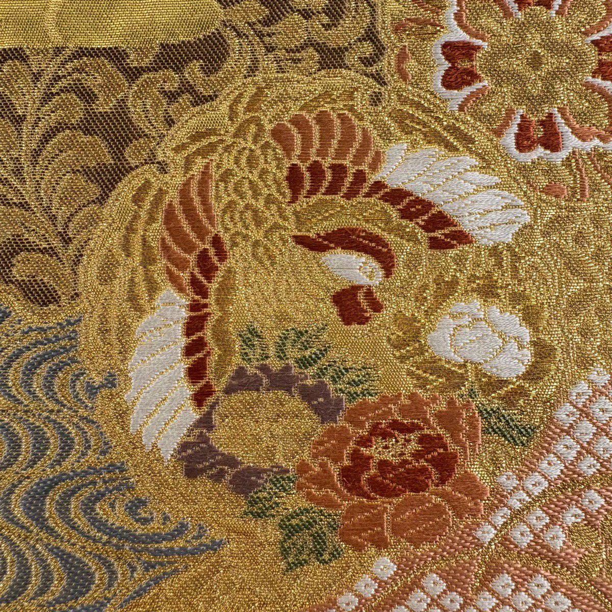 【美品】 袋帶 秀品級 有落款 流水霞錦紋 流水霞錦紋 花鳥 金絲 刺繡 金色 六通 純蠶絲