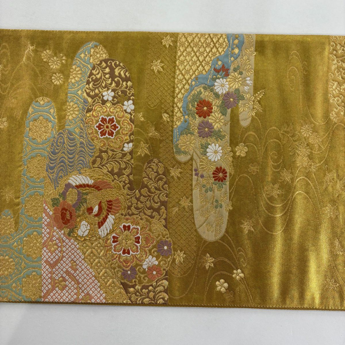 【美品】 袋帶 秀品級 有落款 流水霞錦紋 流水霞錦紋 花鳥 金絲 刺繡 金色 六通 純蠶絲