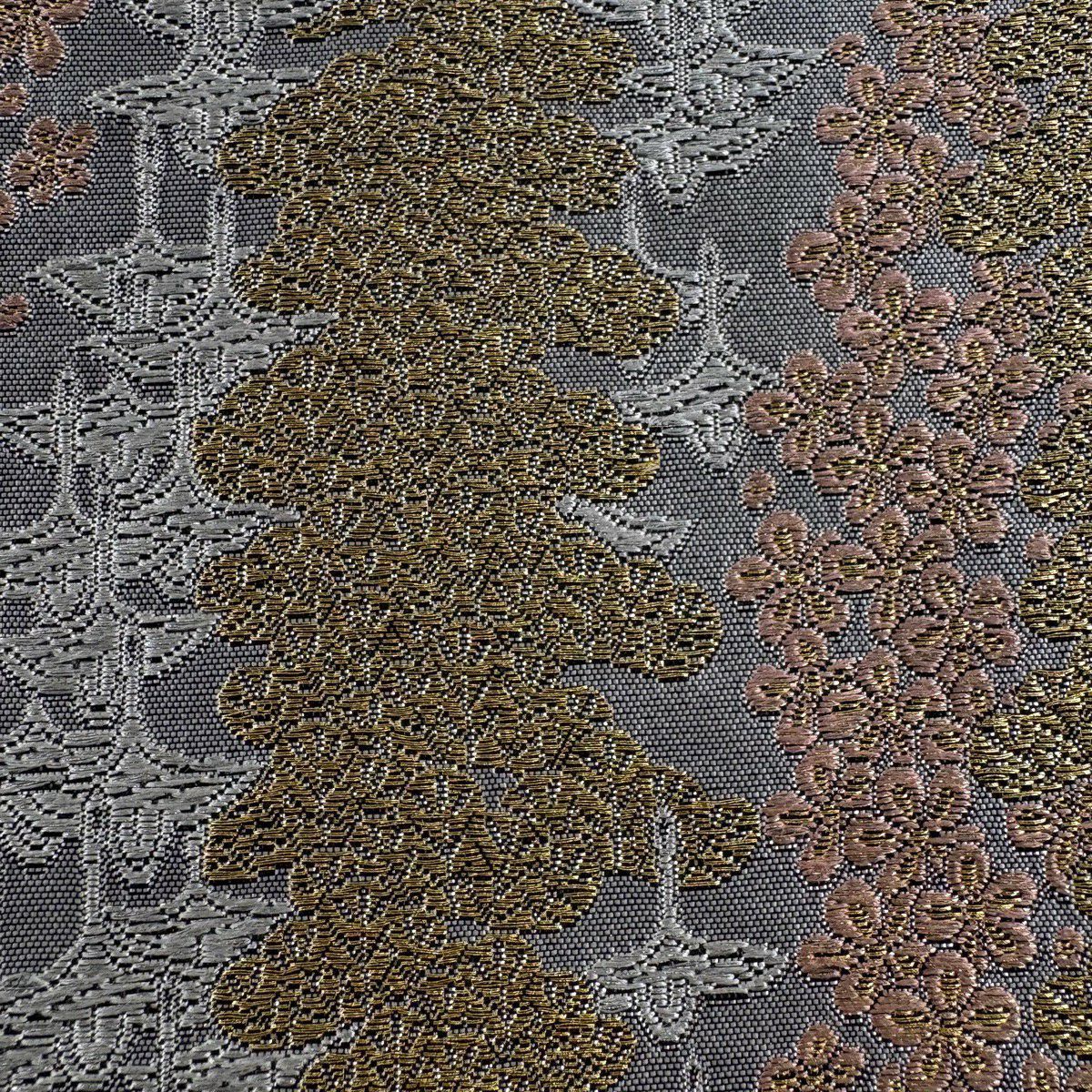 【美品】 袋帶 秀品級 献上仙鶴松樹竹子梅花 松樹竹子梅花 仙鶴 金銀彩 灰色 六通 純蠶絲