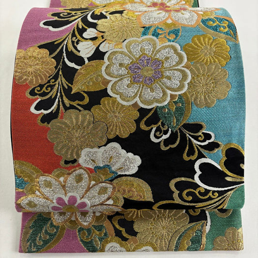 袋帶 秀品級 草花紋 金糸 金金箔 黑 六通 純蠶絲