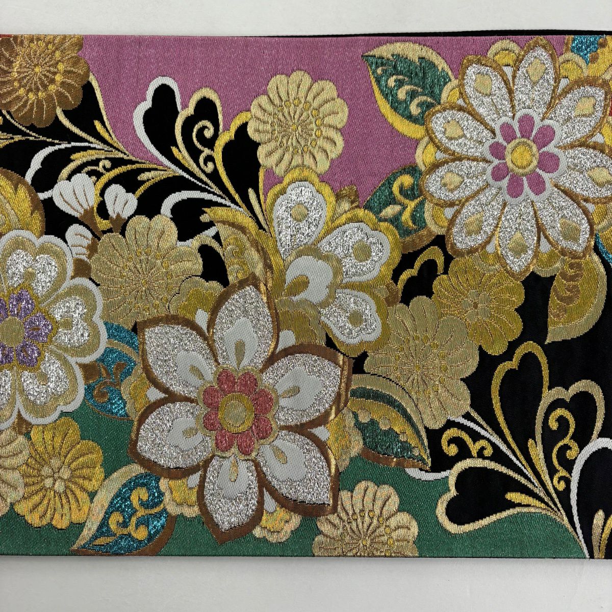 袋帶 秀品級 草花紋 金糸 金金箔 黑 六通 純蠶絲