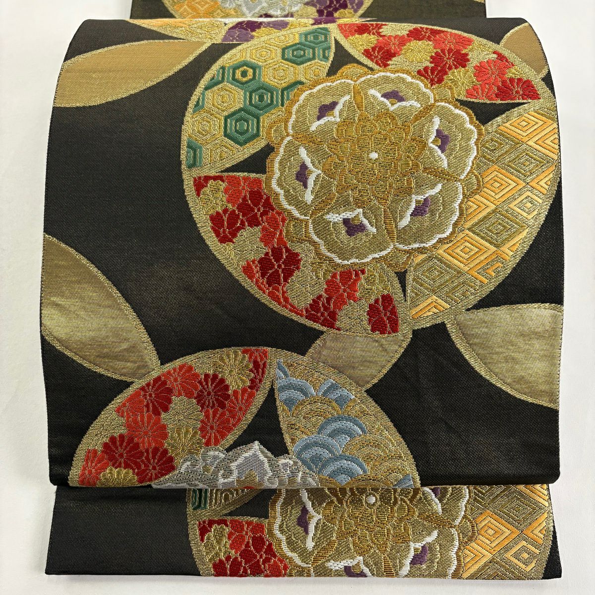 袋帶 秀品級 七寶名花華紋 七寶名花華紋 金銀彩 刺繡 墨 深藍 六通 純蠶絲