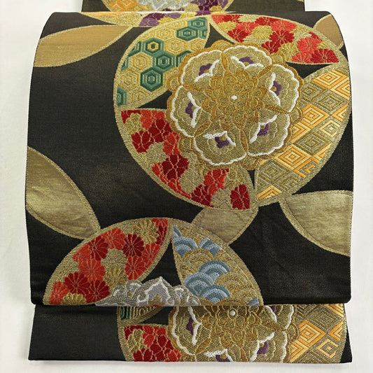 袋帶 秀品級 七寶名花華紋 七寶名花華紋 金銀彩 刺繡 墨 深藍 六通 純蠶絲