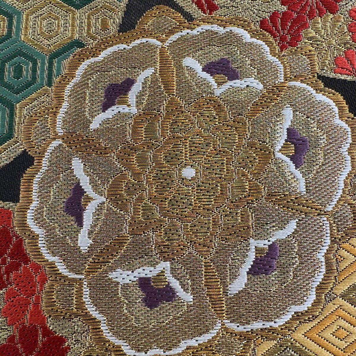 袋帶 秀品級 七寶名花華紋 七寶名花華紋 金銀彩 刺繡 墨 深藍 六通 純蠶絲