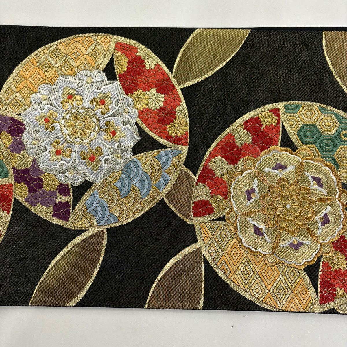 袋帶 秀品級 七寶名花華紋 七寶名花華紋 金銀彩 刺繡 墨 深藍 六通 純蠶絲