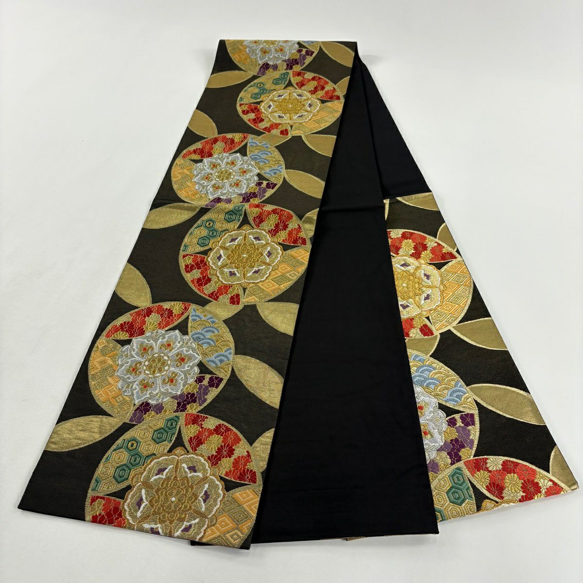 袋帶 秀品級 七寶名花華紋 七寶名花華紋 金銀彩 刺繡 墨 深藍 六通 純蠶絲
