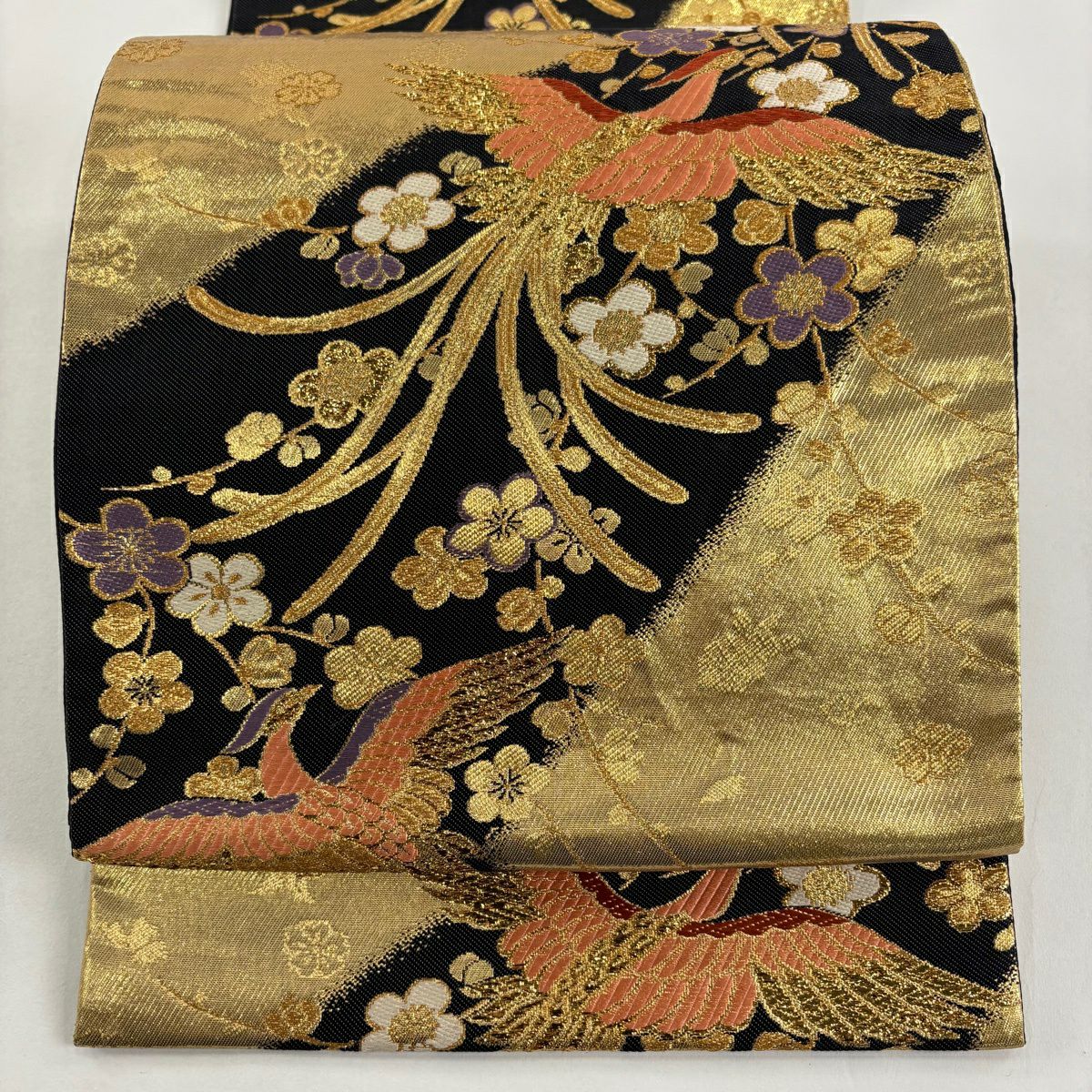 袋帶 秀品級 鳳凰 枝梅花 金絲 金金箔 金色 六通 純蠶絲