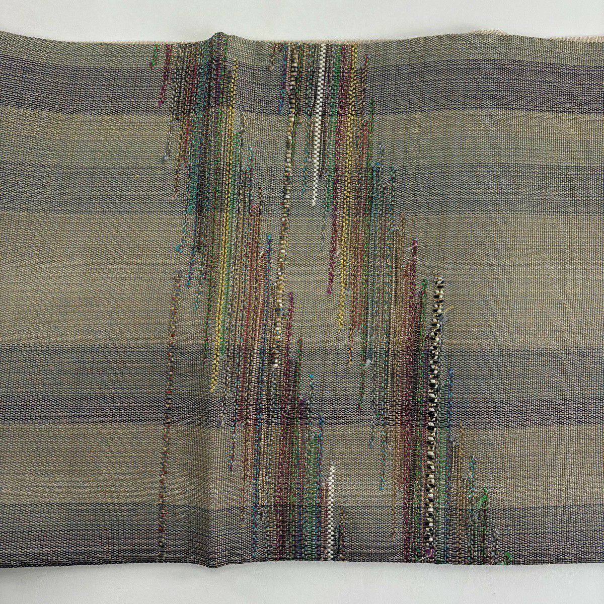 袋帶 秀品級 霞 縞 金絲 灰綠 お太鼓圖案 純蠶絲