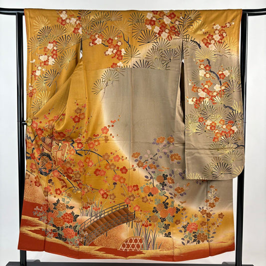 振袖禮服 身長151cm 袖長62cm S 雙層 御所車 枝梅花 金絲 金銀彩 山吹茶 純蠶絲 優品級