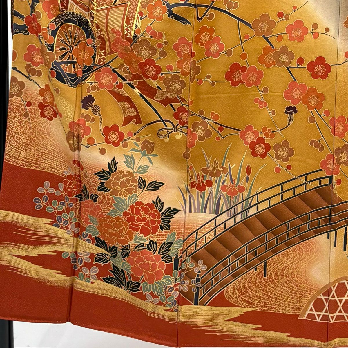 振袖禮服 身長151cm 袖長62cm S 雙層 御所車 枝梅花 金絲 金銀彩 山吹茶 純蠶絲 優品級