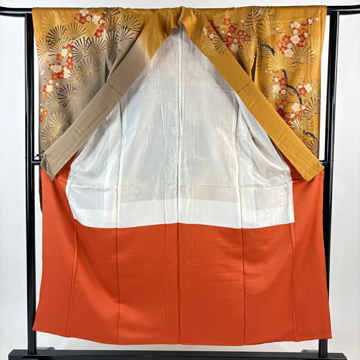 振袖禮服 身長151cm 袖長62cm S 雙層 御所車 枝梅花 金絲 金銀彩 山吹茶 純蠶絲 優品級