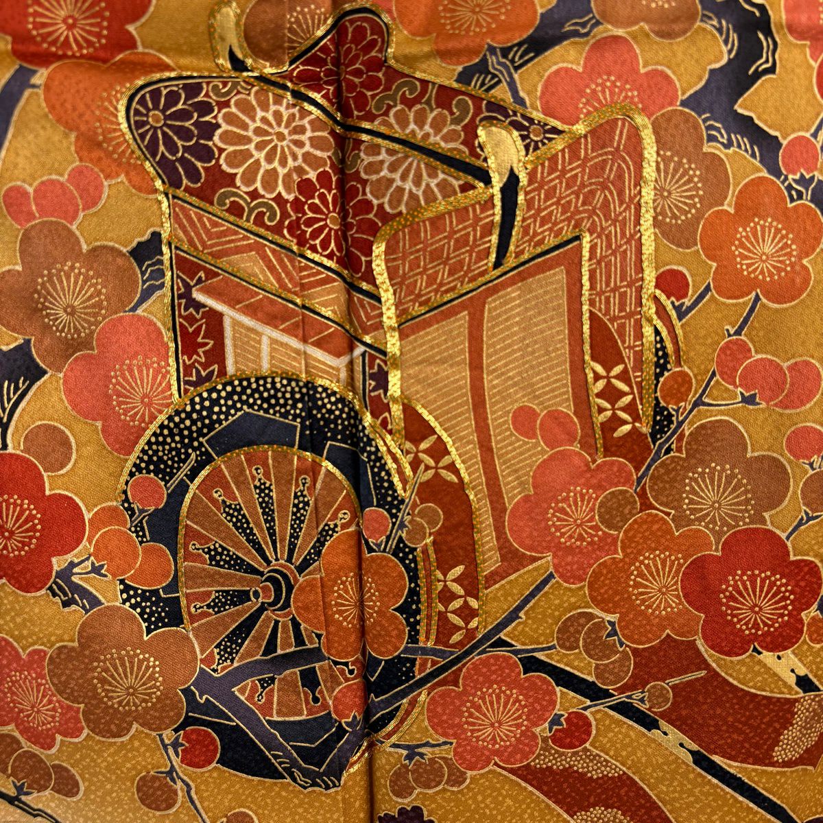 振袖禮服 身長151cm 袖長62cm S 雙層 御所車 枝梅花 金絲 金銀彩 山吹茶 純蠶絲 優品級