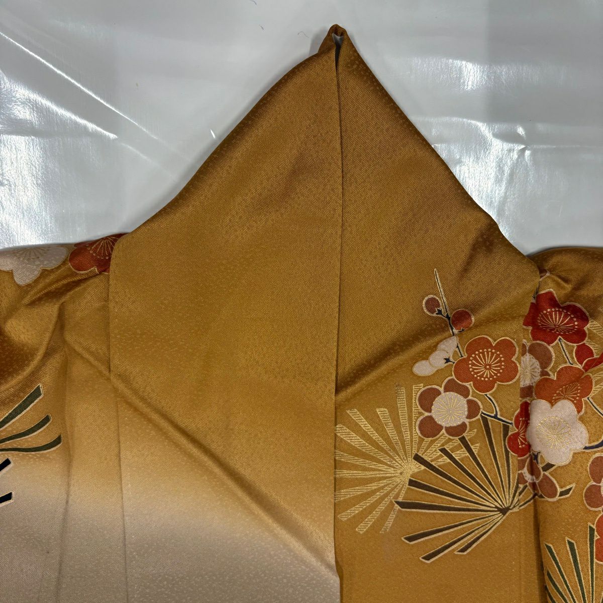 振袖禮服 身長151cm 袖長62cm S 雙層 御所車 枝梅花 金絲 金銀彩 山吹茶 純蠶絲 優品級