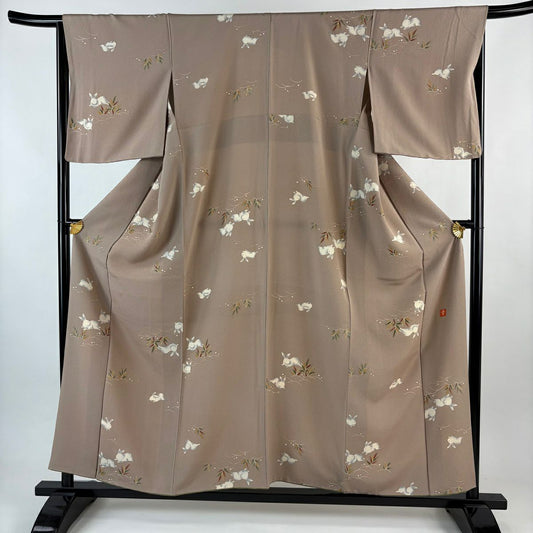 小紋 身長156cm 袖長65.5cm M 雙層 花井幸子 落款 兔子 露芝 仙鶴面 淺茶 純蠶絲 逸品級