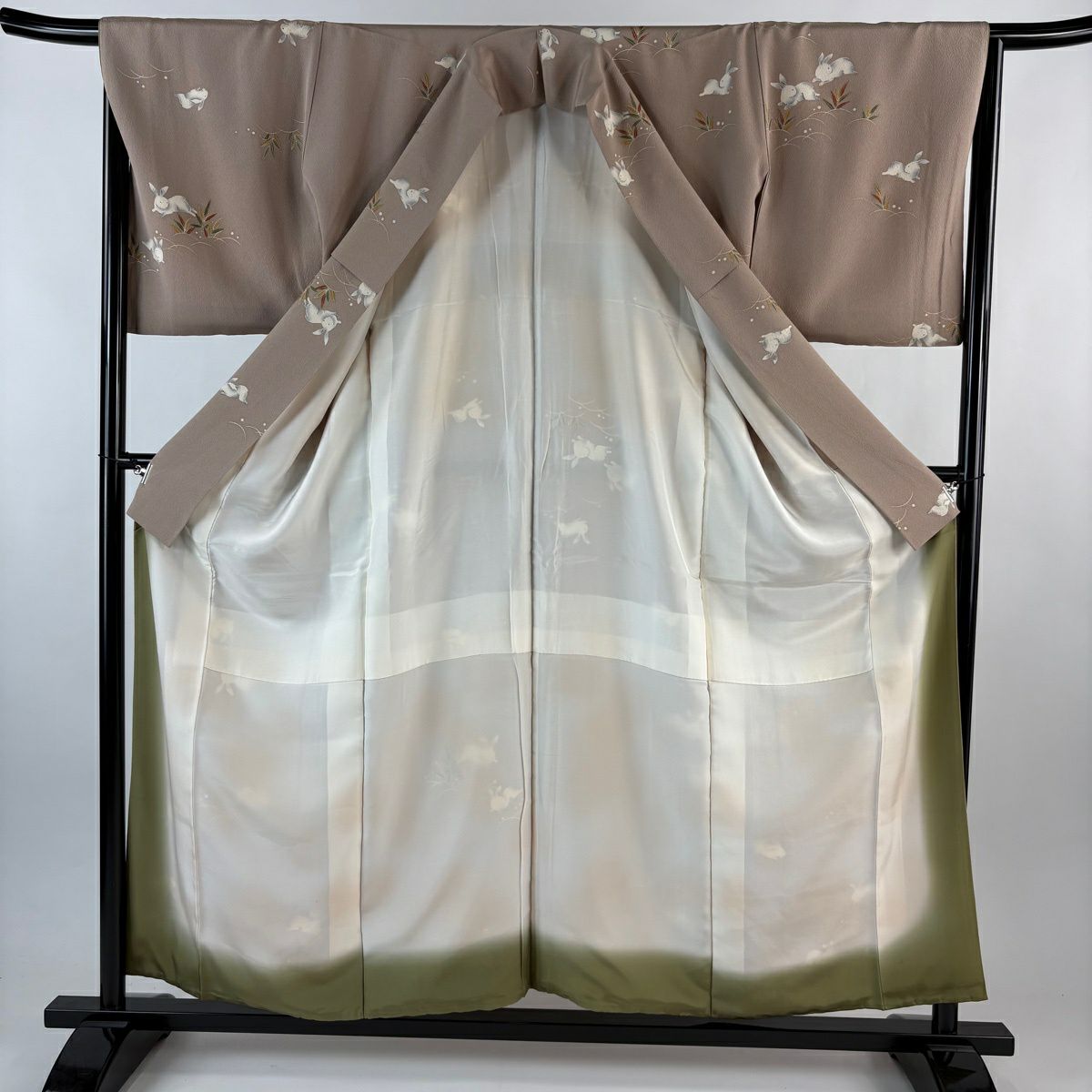小紋 身長156cm 袖長65.5cm M 雙層 花井幸子 落款 兔子 露芝 仙鶴面 淺茶 純蠶絲 逸品級
