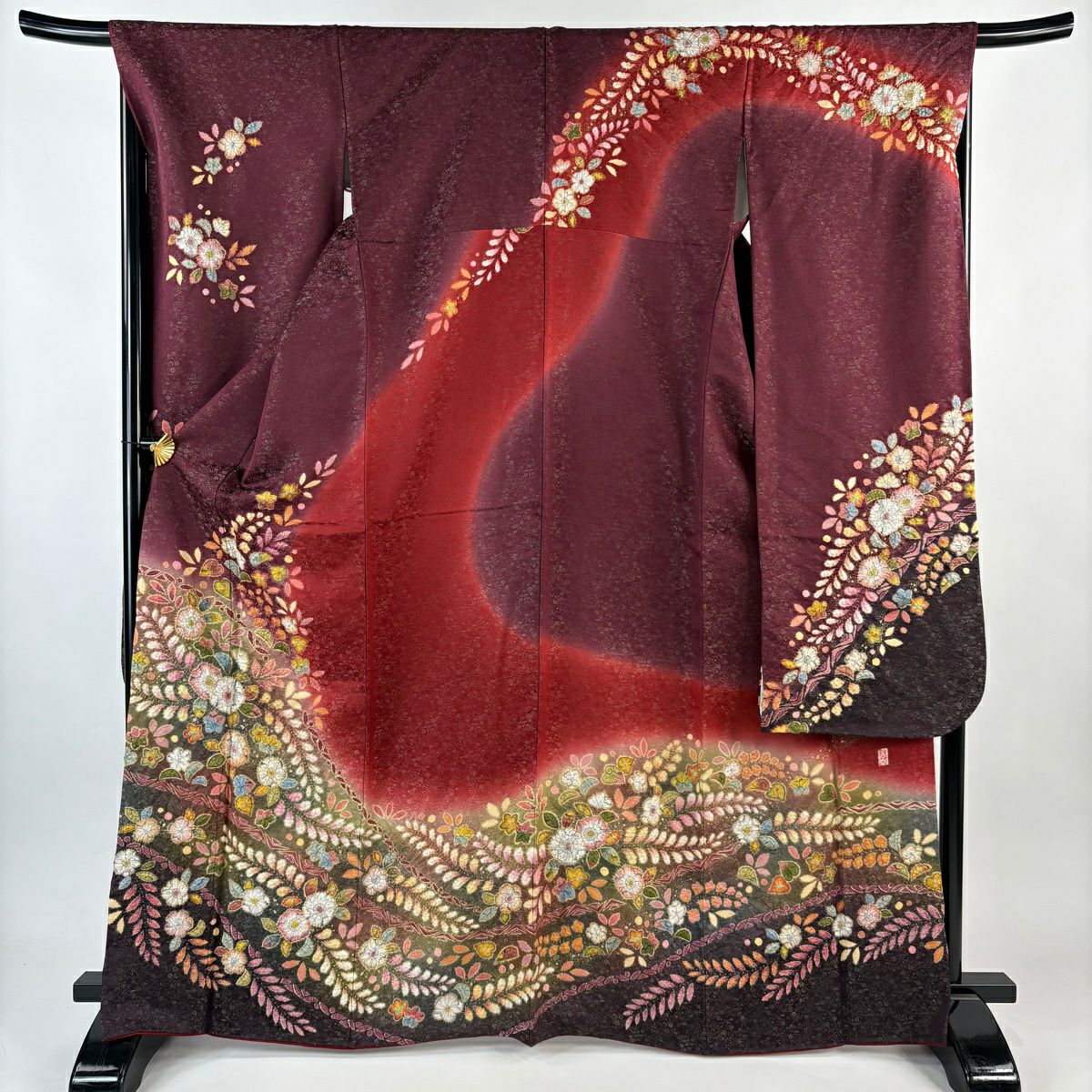 【美品】振袖禮服 身長166.5cm 袖長67.5cm L 雙層 德永憲峯 落款あり 辻花染 金通し 金銀彩 銹紅 純蠶絲 逸品級