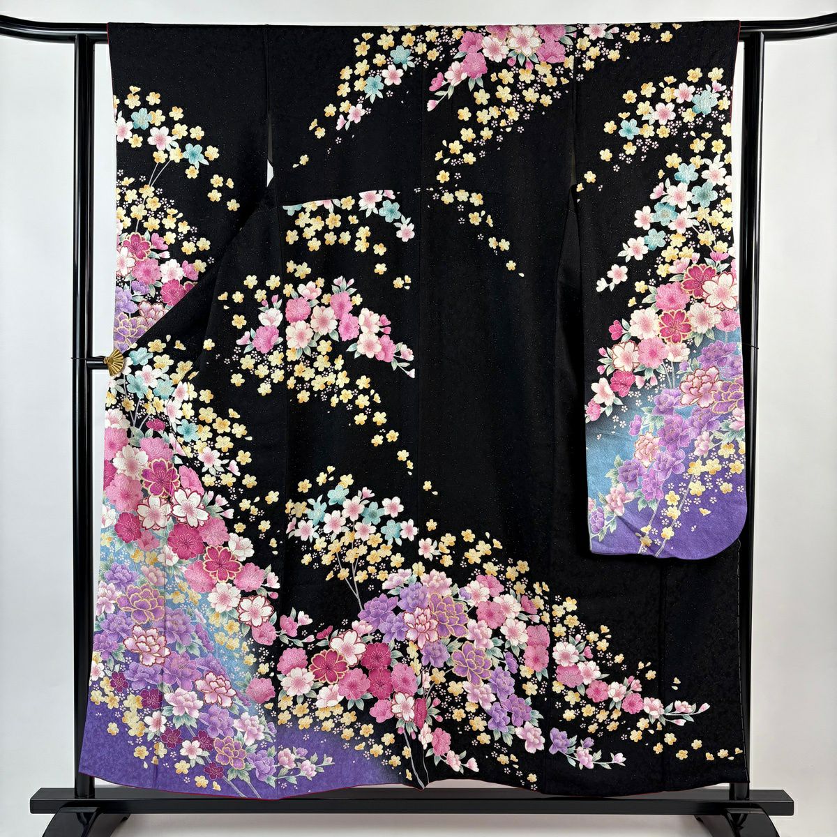 振袖禮服 身長153cm 袖長62cm S 雙層 櫻花 牡丹 刺繡 銀通 黑 純蠶絲 逸品級
