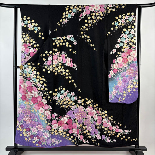振袖禮服 身長153cm 袖長62cm S 雙層 櫻花 牡丹 刺繡 銀通 黑 純蠶絲 逸品級