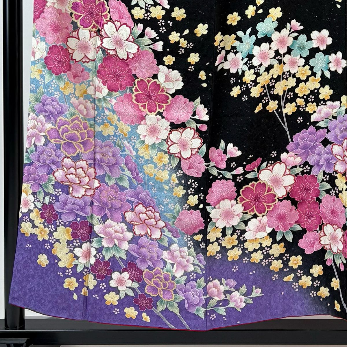 振袖禮服 身長153cm 袖長62cm S 雙層 櫻花 牡丹 刺繡 銀通 黑 純蠶絲 逸品級